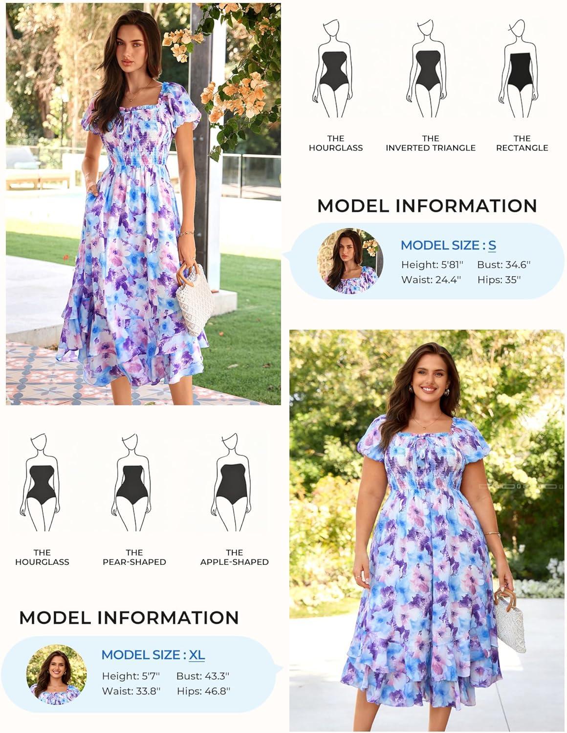 imageGRACE KARIN Womens Summer Dresses 2026 Puff Short Sleeve Floral Wedding Guest Dress Smocked Tiered Maxi Dress with PocketsBlue Purple Floral