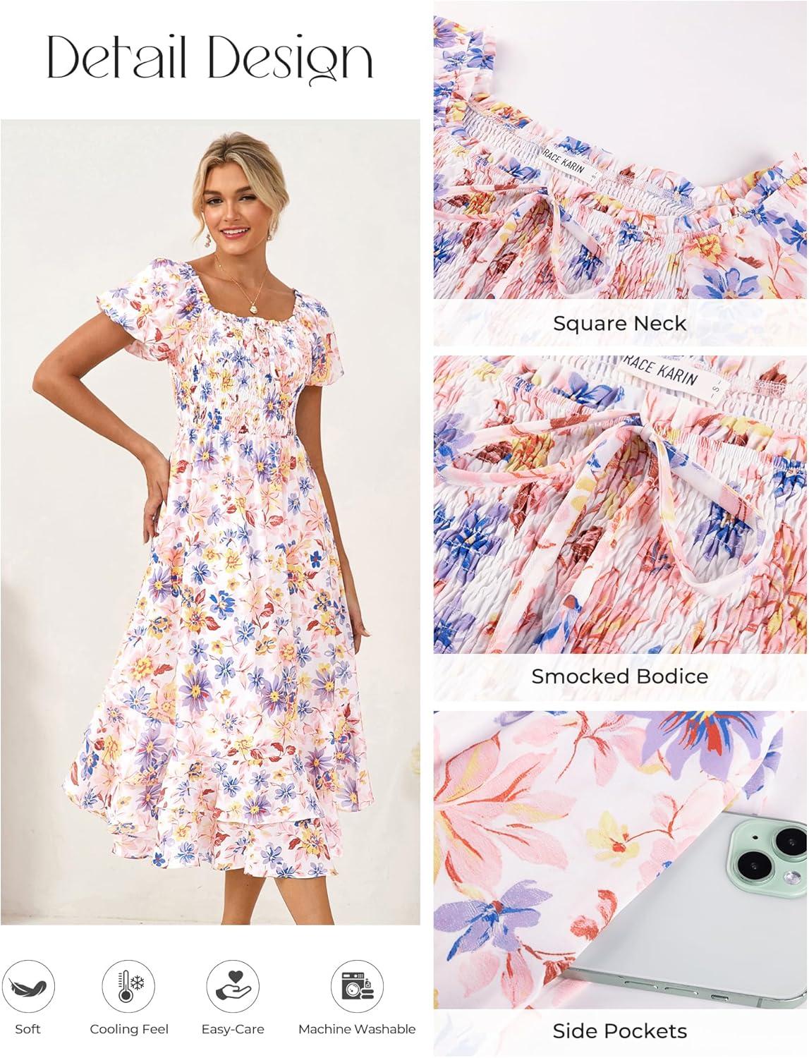 imageGRACE KARIN Womens Summer Dresses 2026 Puff Short Sleeve Floral Wedding Guest Dress Smocked Tiered Maxi Dress with PocketsMulticolor Floral