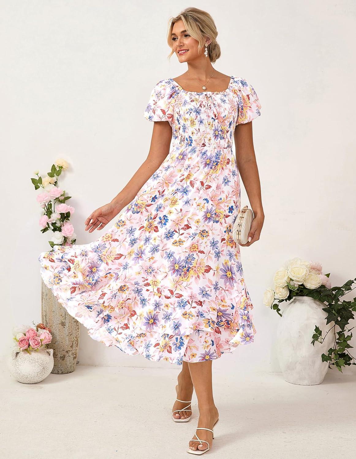 imageGRACE KARIN Womens Summer Dresses 2026 Puff Short Sleeve Floral Wedding Guest Dress Smocked Tiered Maxi Dress with PocketsMulticolor Floral