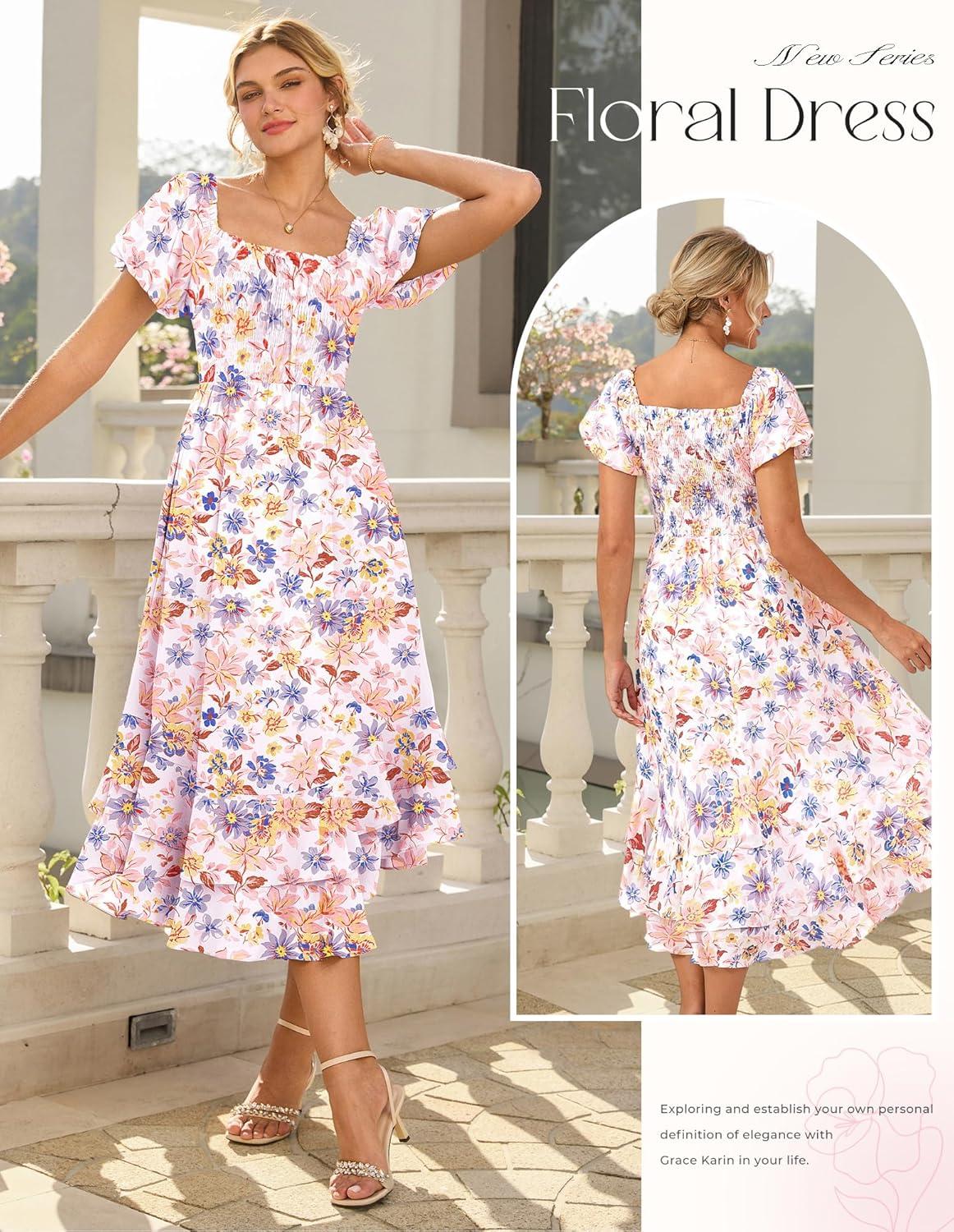 imageGRACE KARIN Womens Summer Dresses 2026 Puff Short Sleeve Floral Wedding Guest Dress Smocked Tiered Maxi Dress with PocketsMulticolor Floral