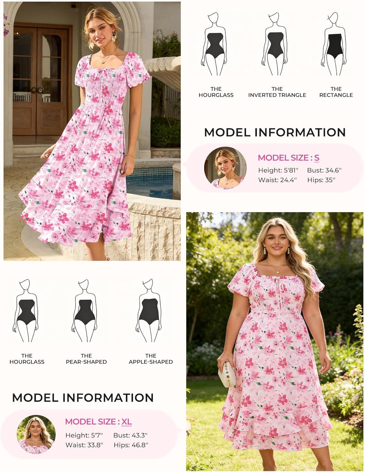 imageGRACE KARIN Womens Summer Dresses 2026 Puff Short Sleeve Floral Wedding Guest Dress Smocked Tiered Maxi Dress with PocketsPink Floral