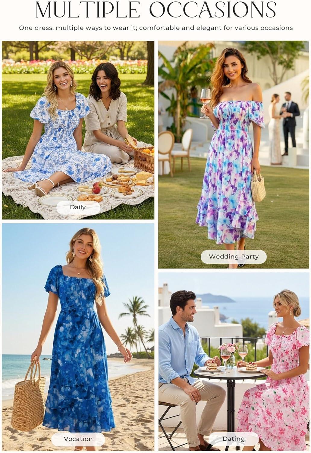 imageGRACE KARIN Womens Summer Dresses 2026 Puff Short Sleeve Floral Wedding Guest Dress Smocked Tiered Maxi Dress with PocketsPink Floral