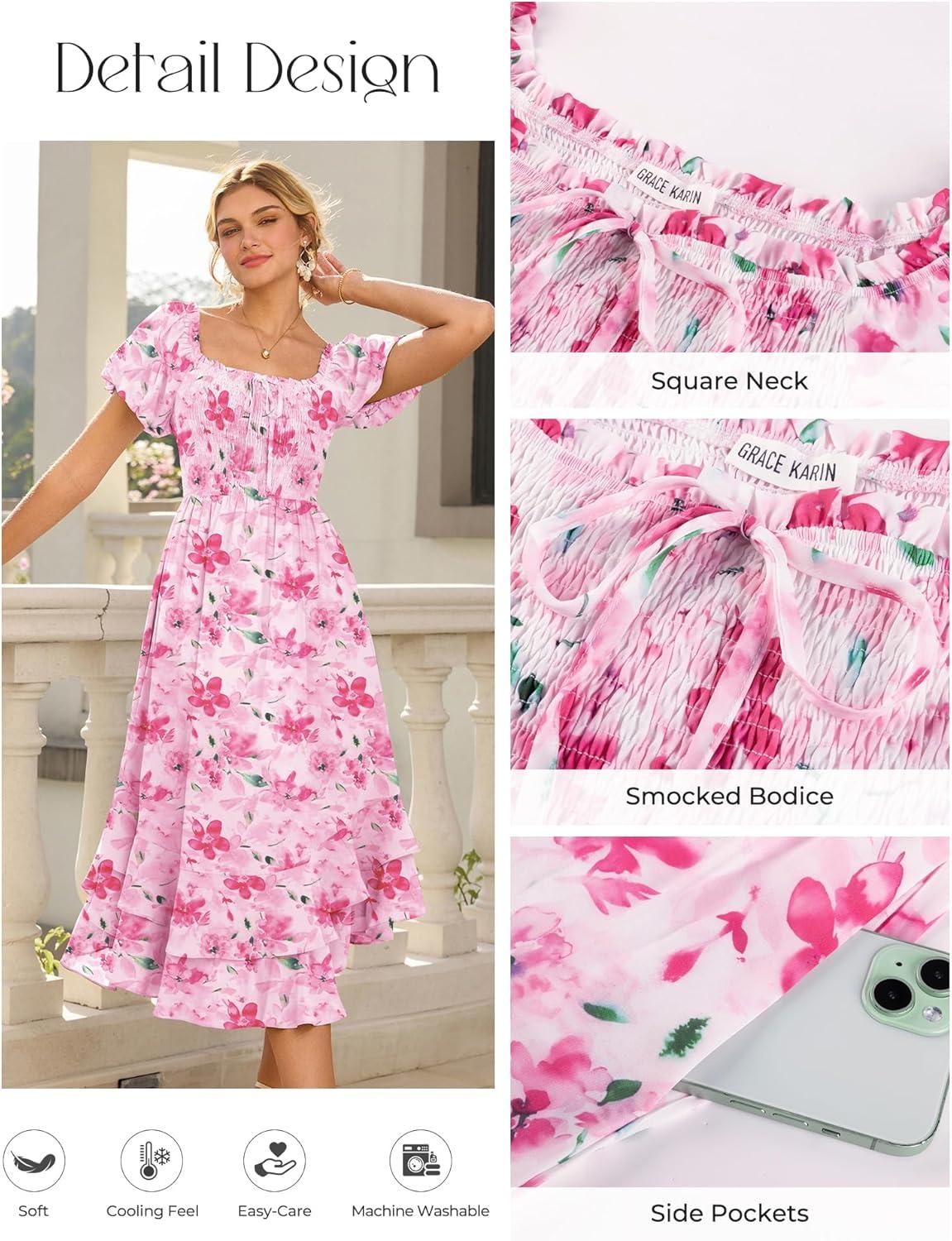 imageGRACE KARIN Womens Summer Dresses 2026 Puff Short Sleeve Floral Wedding Guest Dress Smocked Tiered Maxi Dress with PocketsPink Floral