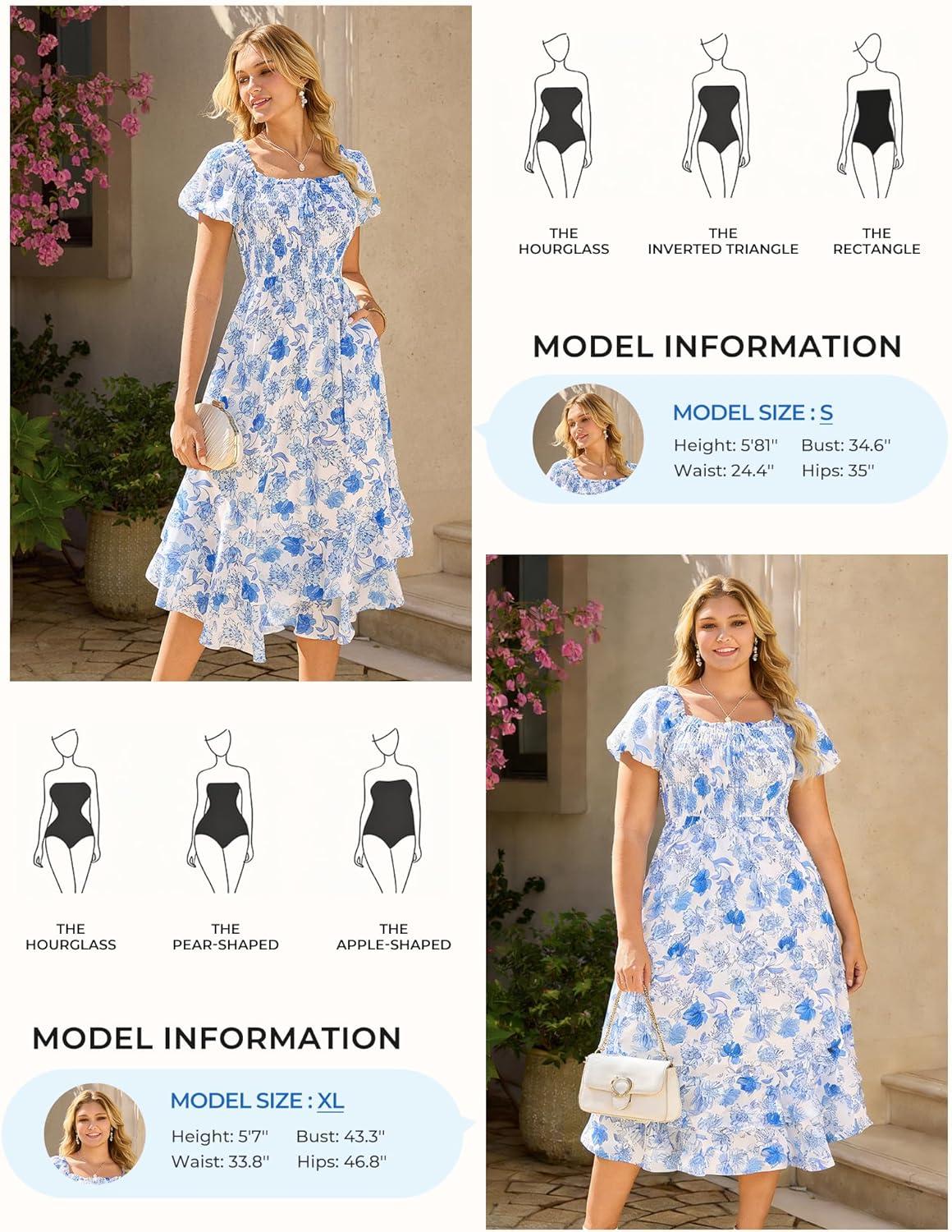 imageGRACE KARIN Womens Summer Dresses 2026 Puff Short Sleeve Floral Wedding Guest Dress Smocked Tiered Maxi Dress with PocketsWhite Blue Floral