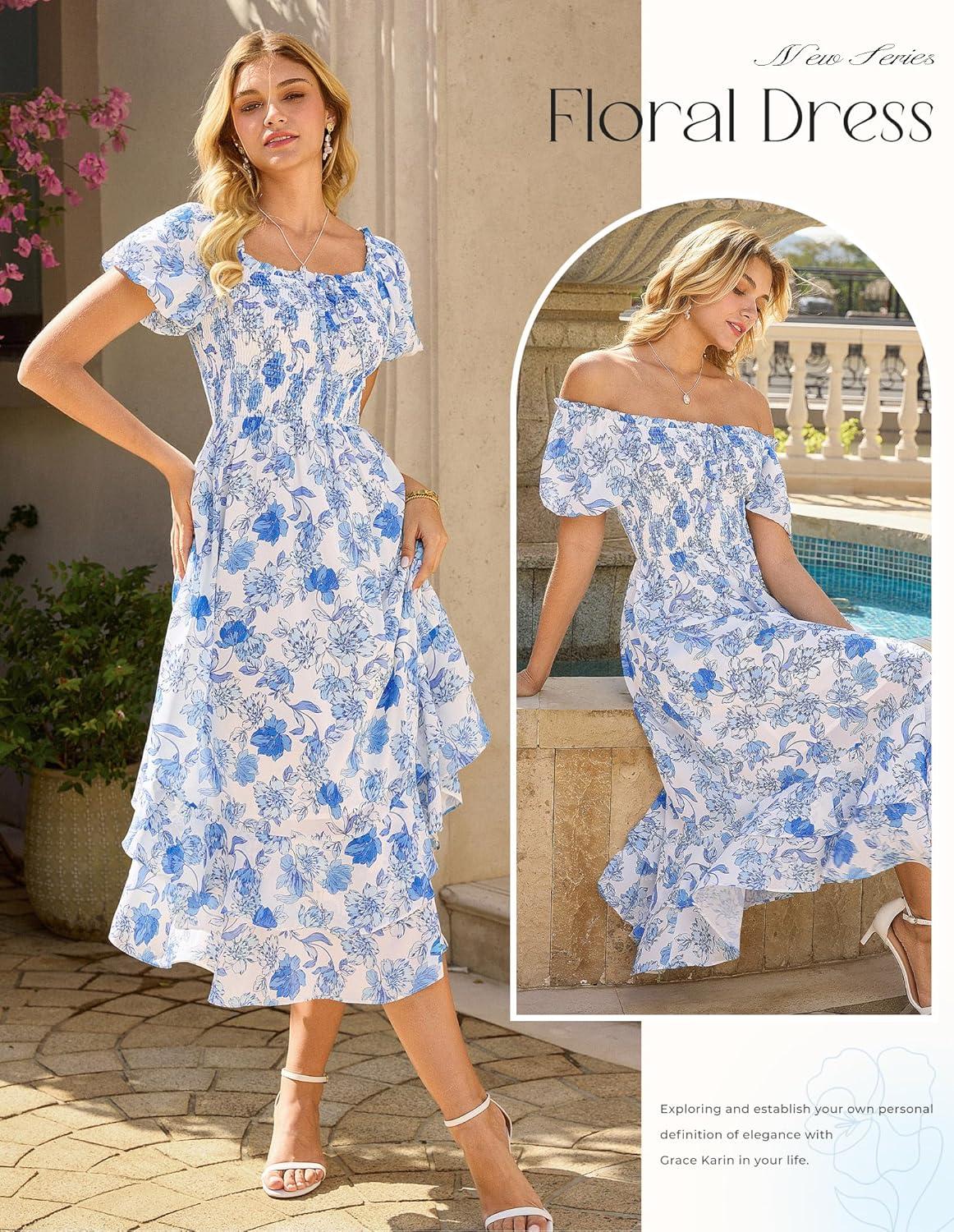 imageGRACE KARIN Womens Summer Dresses 2026 Puff Short Sleeve Floral Wedding Guest Dress Smocked Tiered Maxi Dress with PocketsWhite Blue Floral