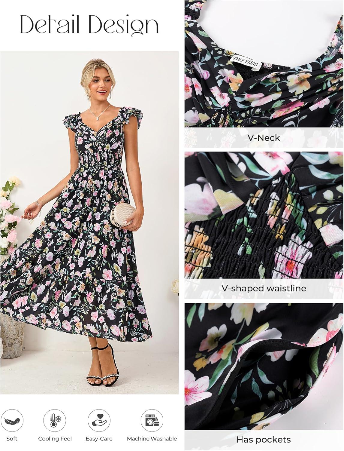 imageGRACE KARIN Womens Summer Floral Maxi Dress 2026 Ruffle Sleeve Smocked Sundress Flowy Wedding Guest Long Dresses with PocketBlack Flower