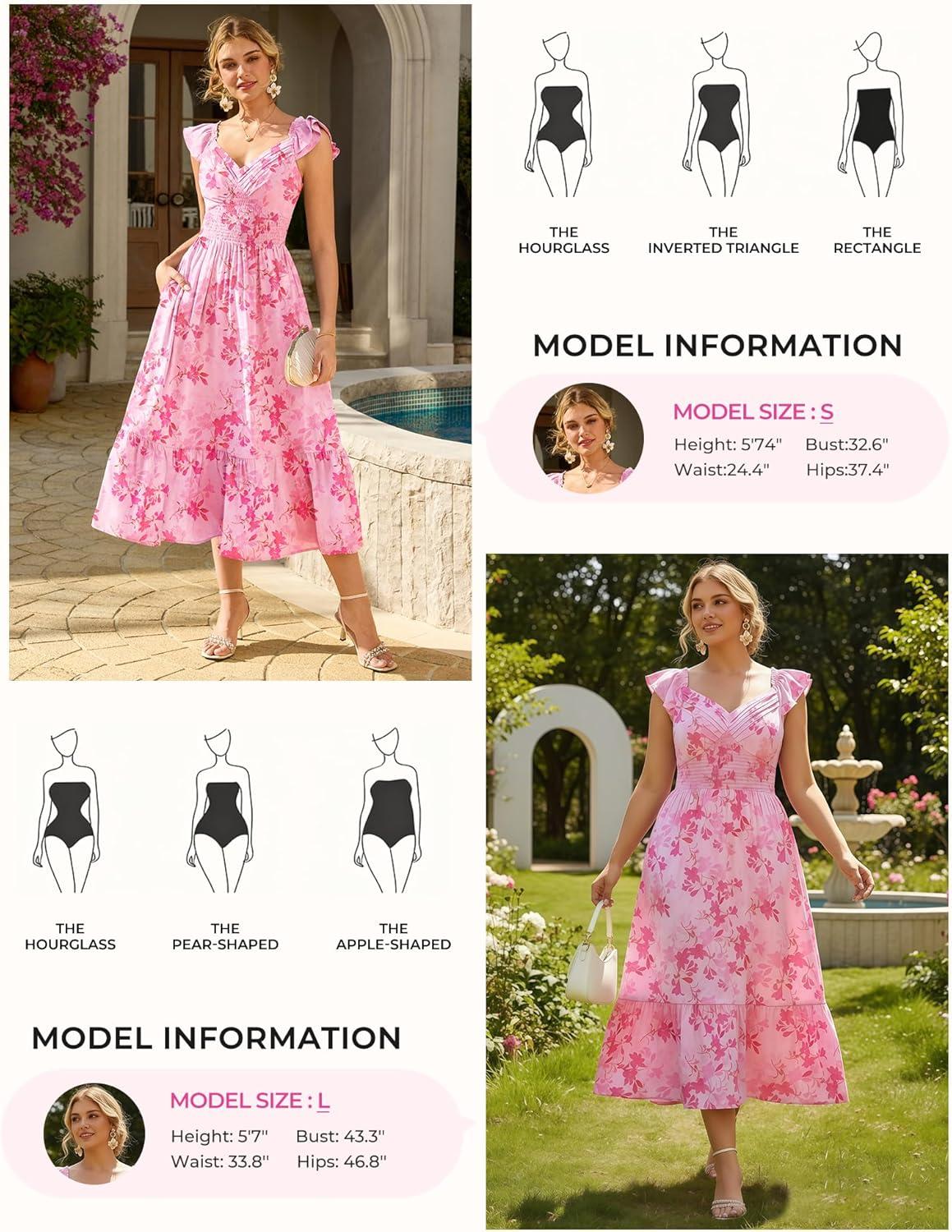 imageGRACE KARIN Womens Summer Floral Maxi Dress 2026 Ruffle Sleeve Smocked Sundress Flowy Wedding Guest Long Dresses with PocketPink Floral