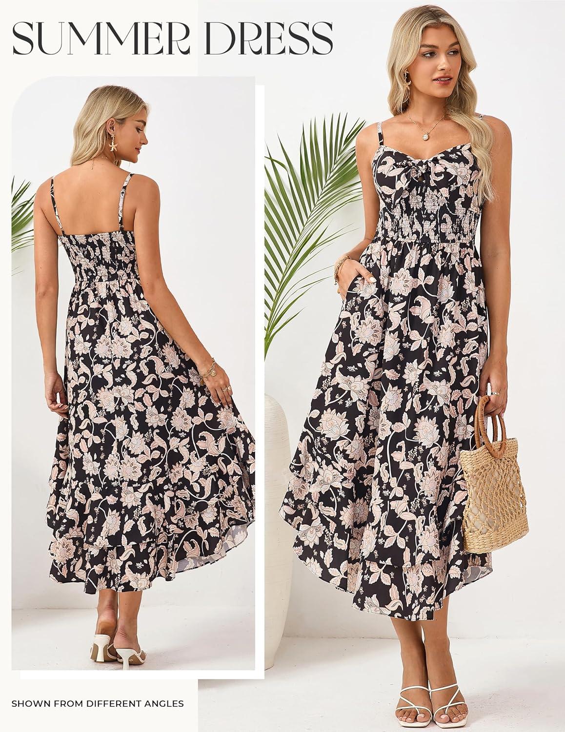 imageGRACE KARIN Womens Summer Floral Maxi Dress Spaghetti Strap A Line Beach Boho Dresses Ruffle Tiered Casual DressBlack and Beige Floral