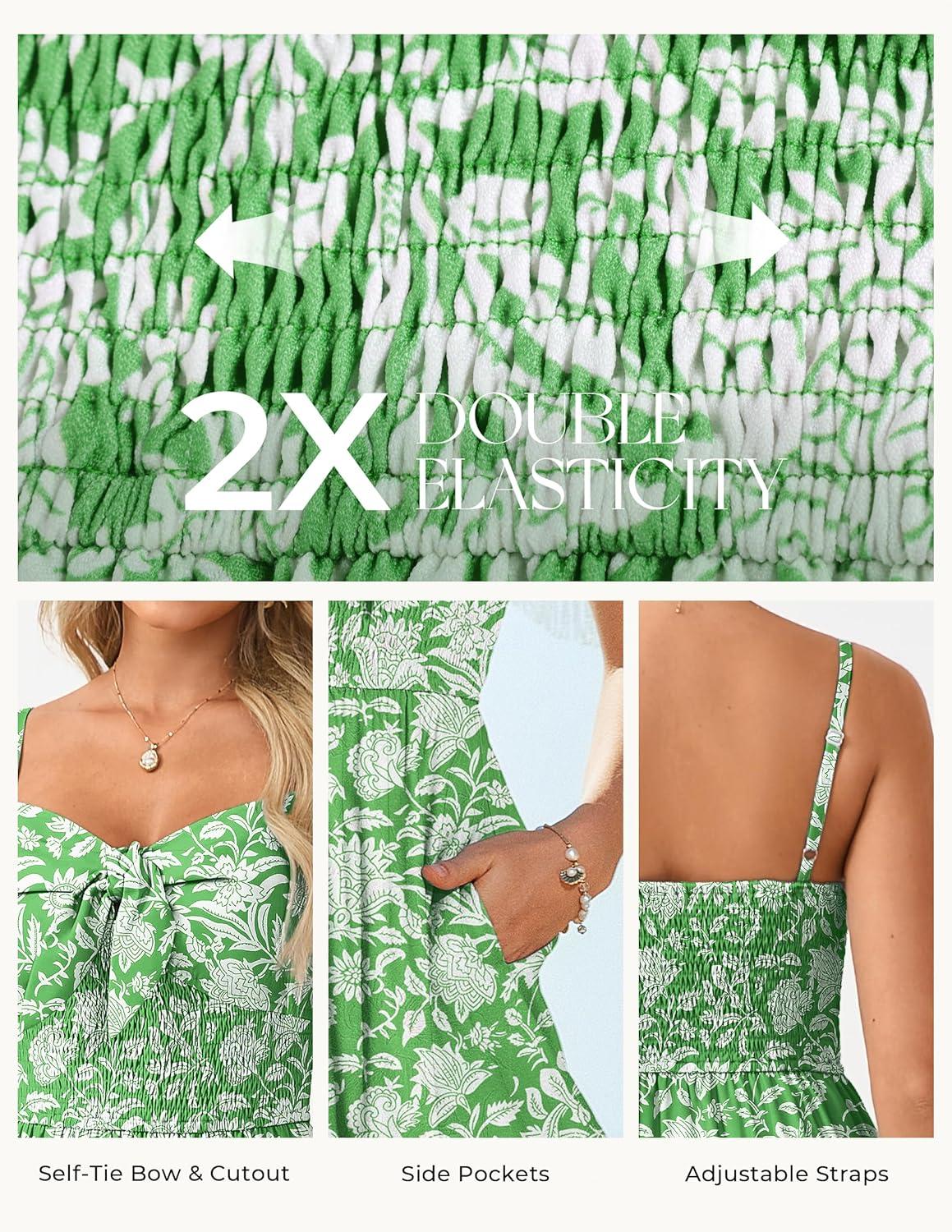 imageGRACE KARIN Womens Summer Floral Maxi Dress Spaghetti Strap A Line Beach Boho Dresses Ruffle Tiered Casual DressGreen and White Floral