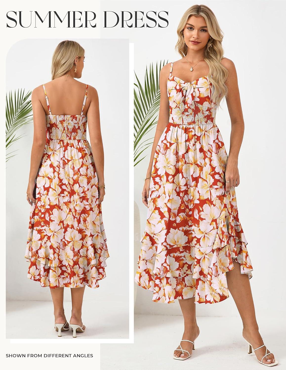 imageGRACE KARIN Womens Summer Floral Maxi Dress Spaghetti Strap A Line Beach Boho Dresses Ruffle Tiered Casual DressOrange and Yellow Floral