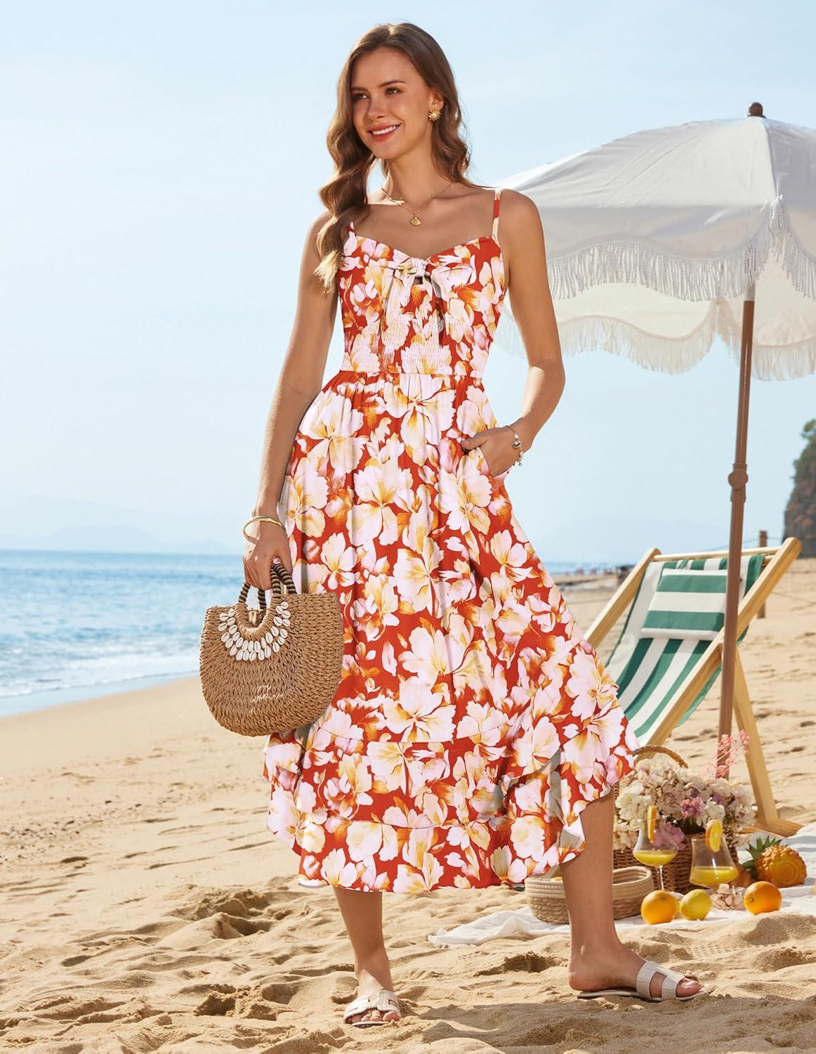 imageGRACE KARIN Womens Summer Floral Maxi Dress Spaghetti Strap A Line Beach Boho Dresses Ruffle Tiered Casual DressOrange and Yellow Floral