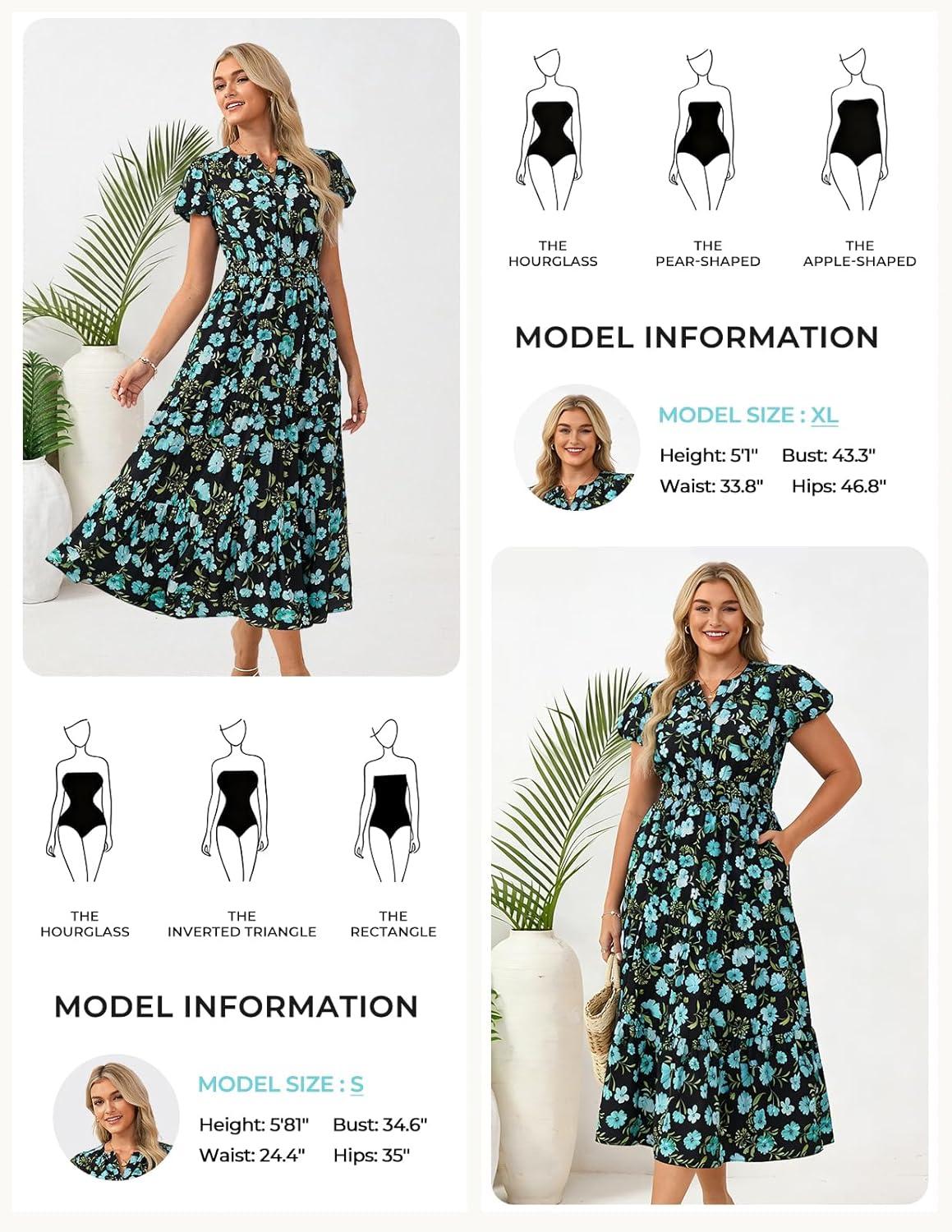 imageGRACE KARIN Womens Summer Maxi Dresses 2026 Floral Puff Short Sleeve V Neck Dresses Casual Wedding Guest Clothes with PocketsBlue Black Floral