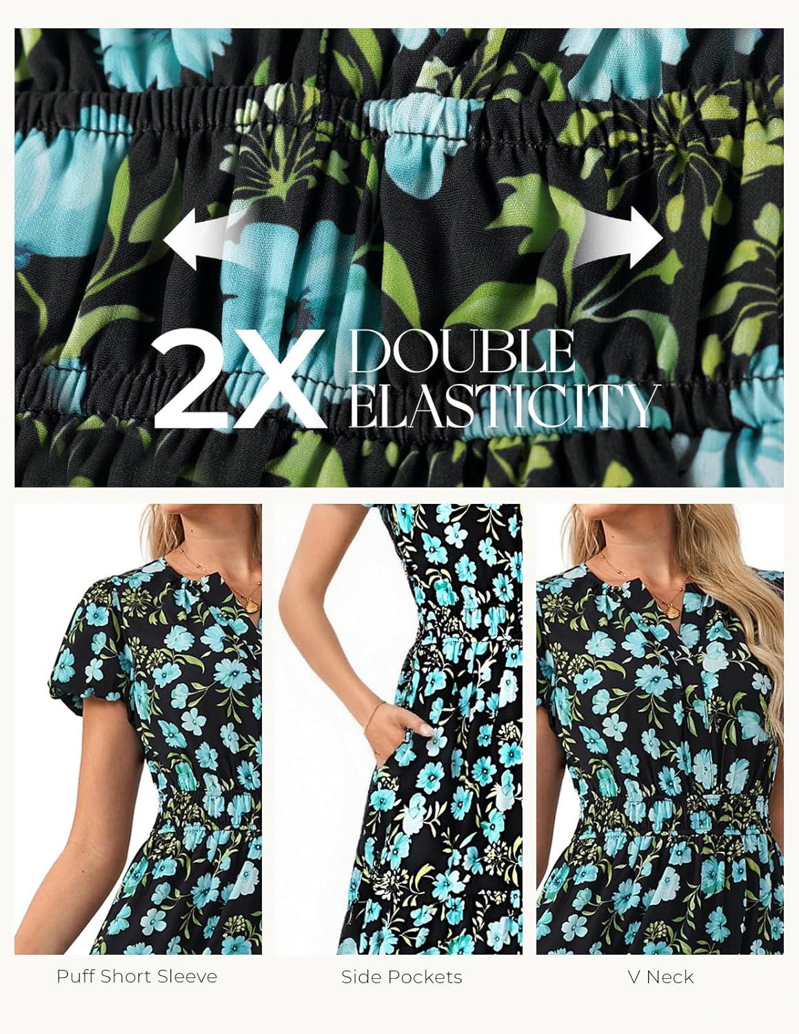 imageGRACE KARIN Womens Summer Maxi Dresses 2026 Floral Puff Short Sleeve V Neck Dresses Casual Wedding Guest Clothes with PocketsBlue Black Floral