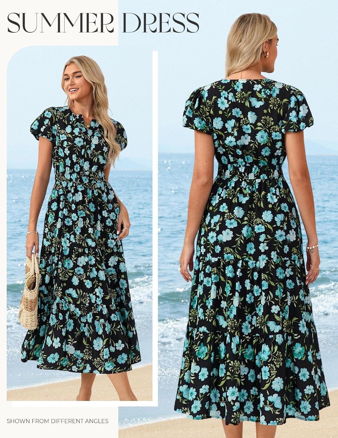 imageGRACE KARIN Womens Summer Maxi Dresses 2026 Floral Puff Short Sleeve V Neck Dresses Casual Wedding Guest Clothes with PocketsBlue Black Floral