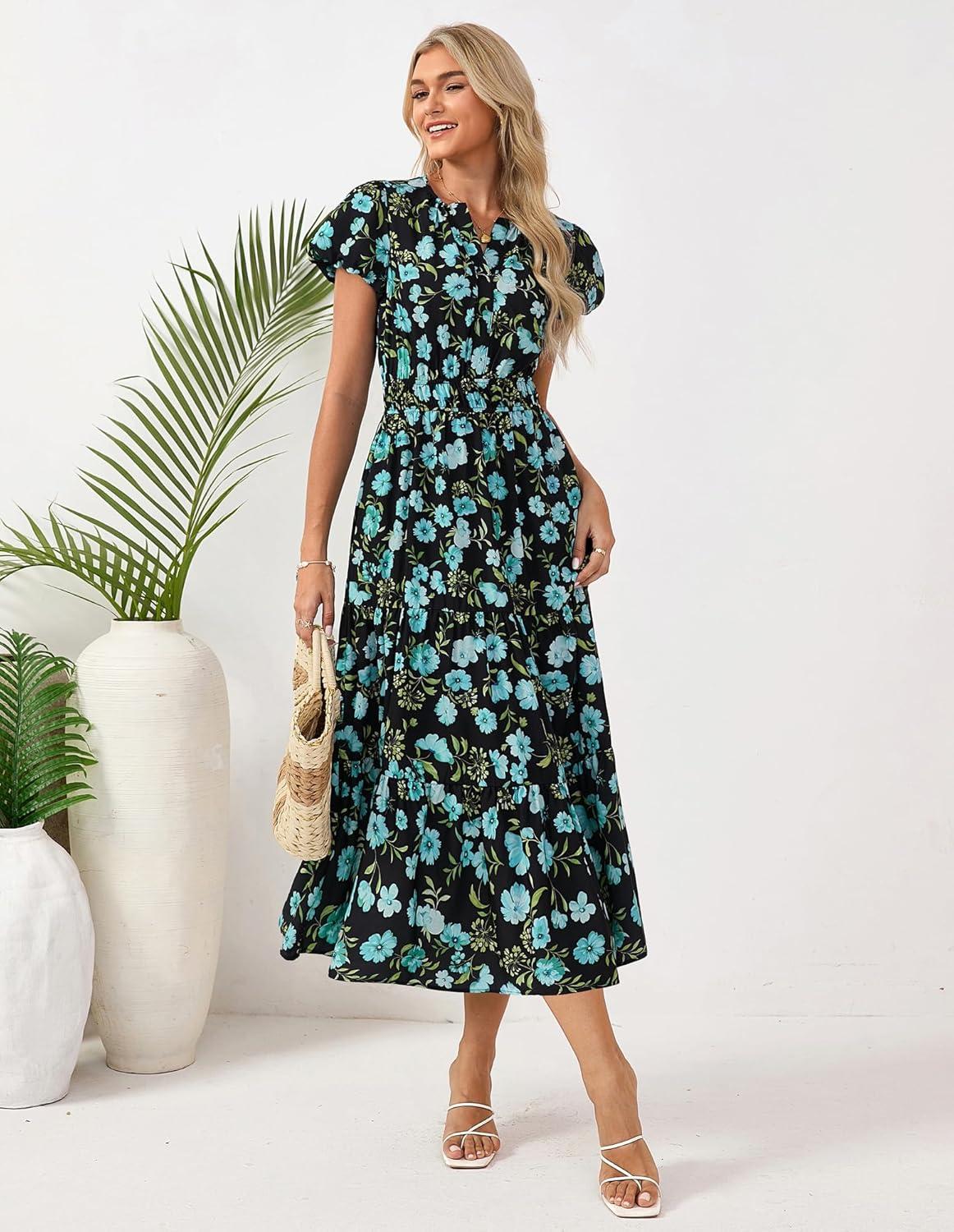imageGRACE KARIN Womens Summer Maxi Dresses 2026 Floral Puff Short Sleeve V Neck Dresses Casual Wedding Guest Clothes with PocketsBlue Black Floral