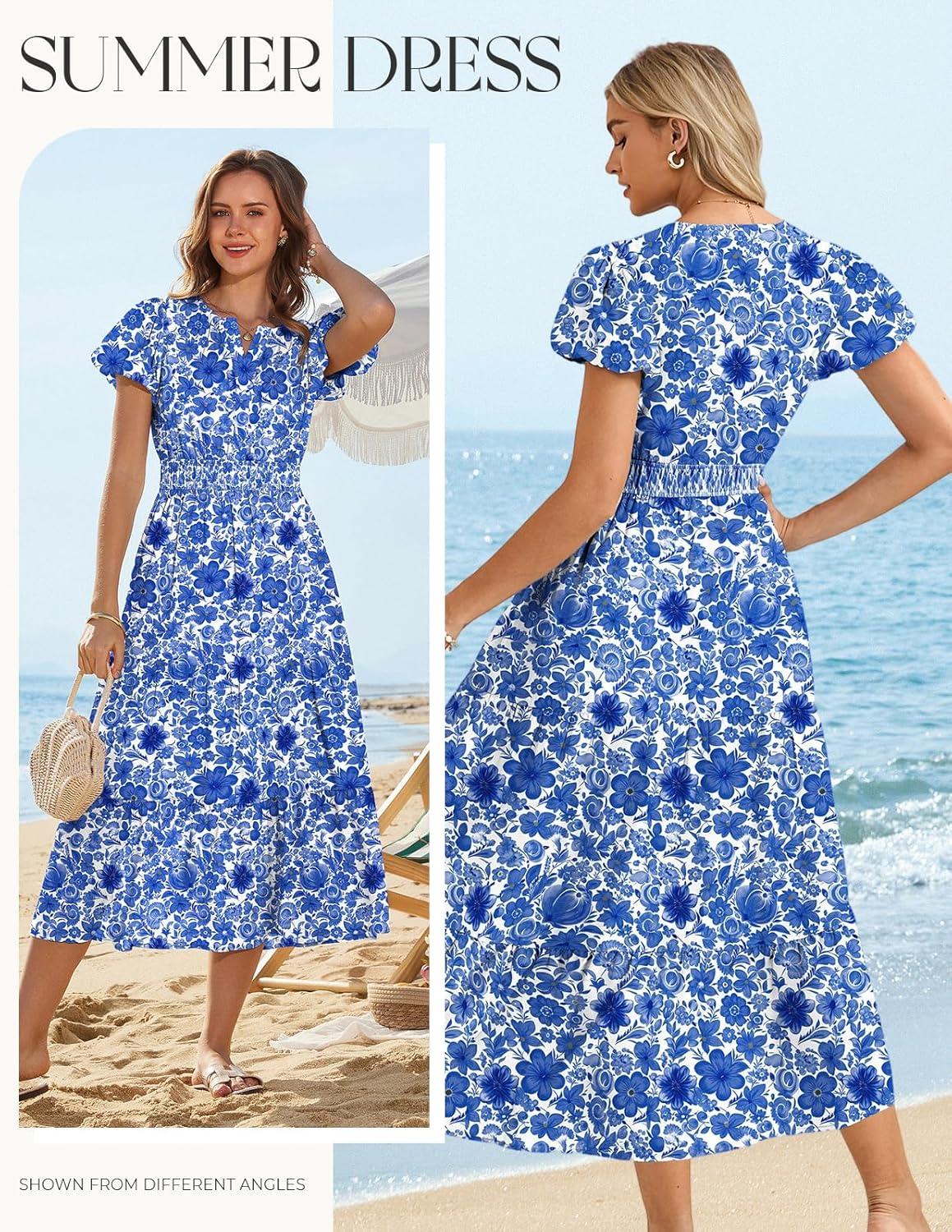 imageGRACE KARIN Womens Summer Maxi Dresses 2026 Floral Puff Short Sleeve V Neck Dresses Casual Wedding Guest Clothes with PocketsBlue Floral