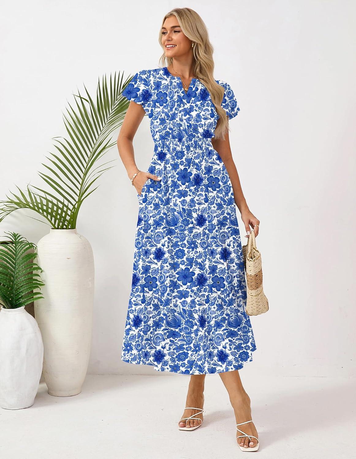 imageGRACE KARIN Womens Summer Maxi Dresses 2026 Floral Puff Short Sleeve V Neck Dresses Casual Wedding Guest Clothes with PocketsBlue Floral
