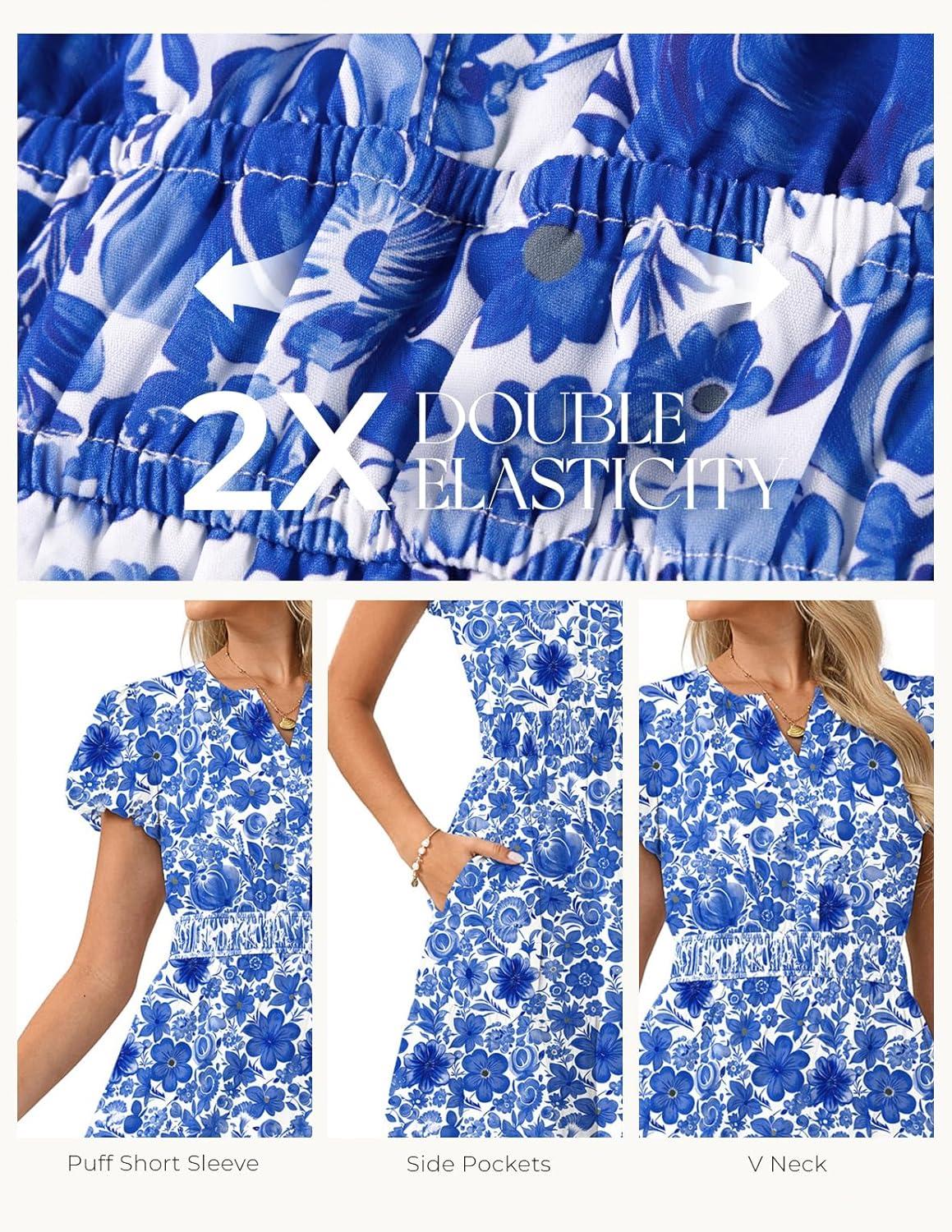 imageGRACE KARIN Womens Summer Maxi Dresses 2026 Floral Puff Short Sleeve V Neck Dresses Casual Wedding Guest Clothes with PocketsBlue Floral