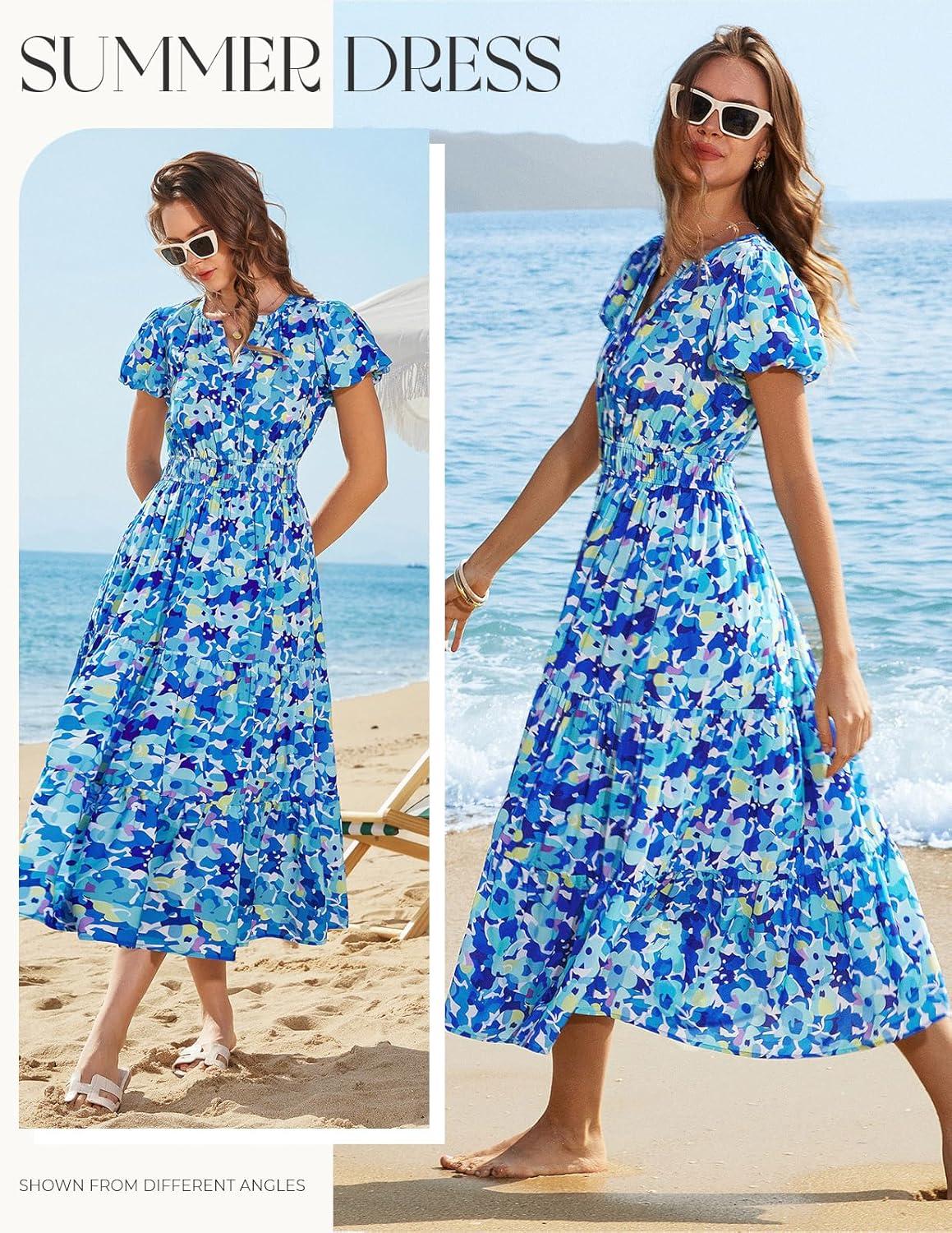 imageGRACE KARIN Womens Summer Maxi Dresses 2026 Floral Puff Short Sleeve V Neck Dresses Casual Wedding Guest Clothes with PocketsBlue Yellow Floral
