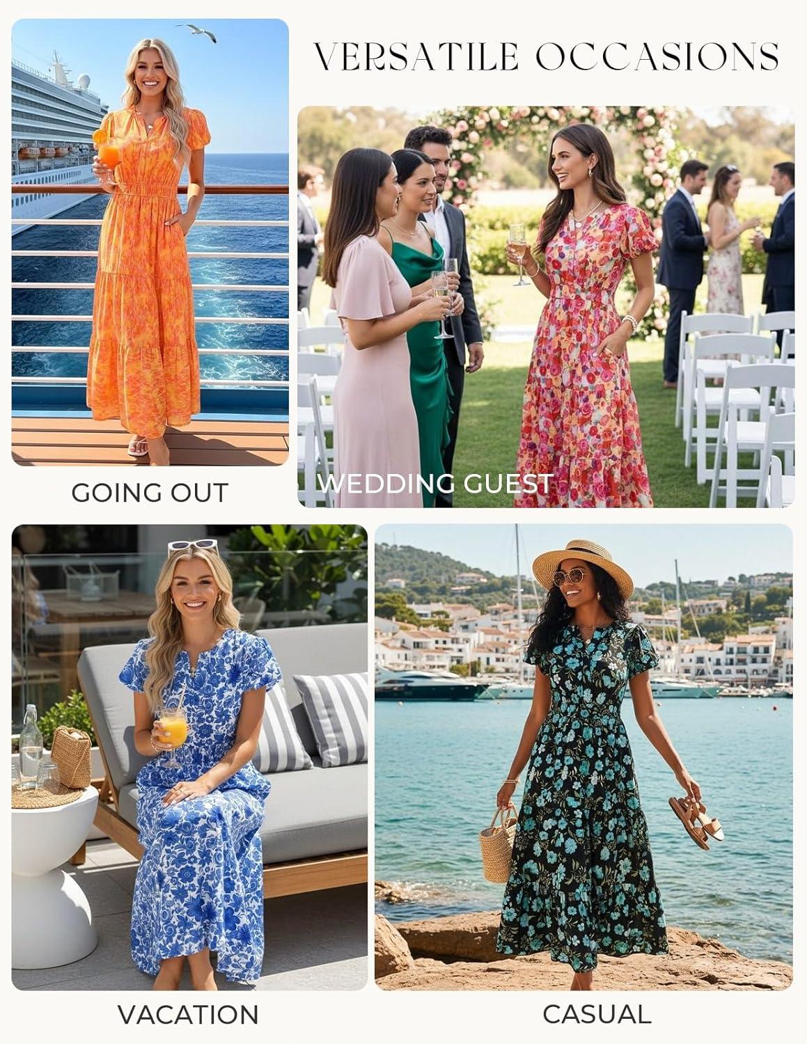 imageGRACE KARIN Womens Summer Maxi Dresses 2026 Floral Puff Short Sleeve V Neck Dresses Casual Wedding Guest Clothes with PocketsOrange Yellow Floral