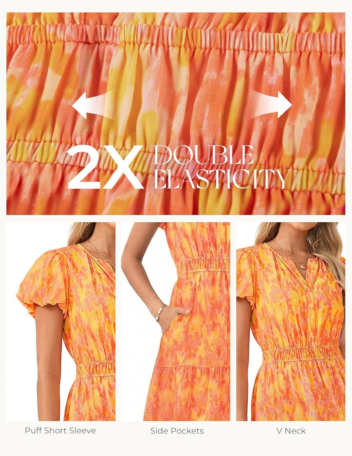 imageGRACE KARIN Womens Summer Maxi Dresses 2026 Floral Puff Short Sleeve V Neck Dresses Casual Wedding Guest Clothes with PocketsOrange Yellow Floral