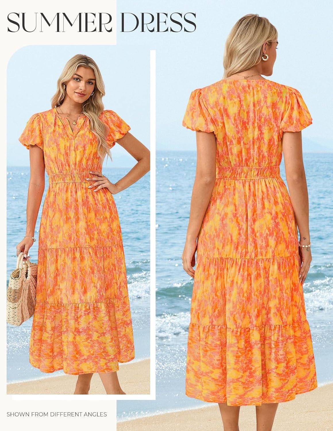imageGRACE KARIN Womens Summer Maxi Dresses 2026 Floral Puff Short Sleeve V Neck Dresses Casual Wedding Guest Clothes with PocketsOrange Yellow Floral