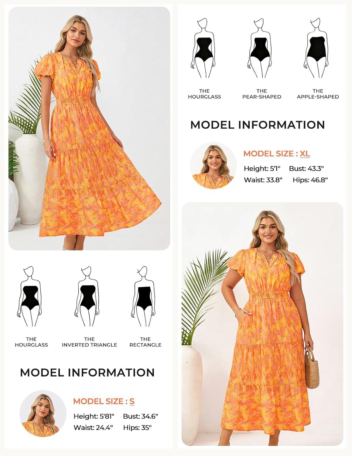 imageGRACE KARIN Womens Summer Maxi Dresses 2026 Floral Puff Short Sleeve V Neck Dresses Casual Wedding Guest Clothes with PocketsOrange Yellow Floral