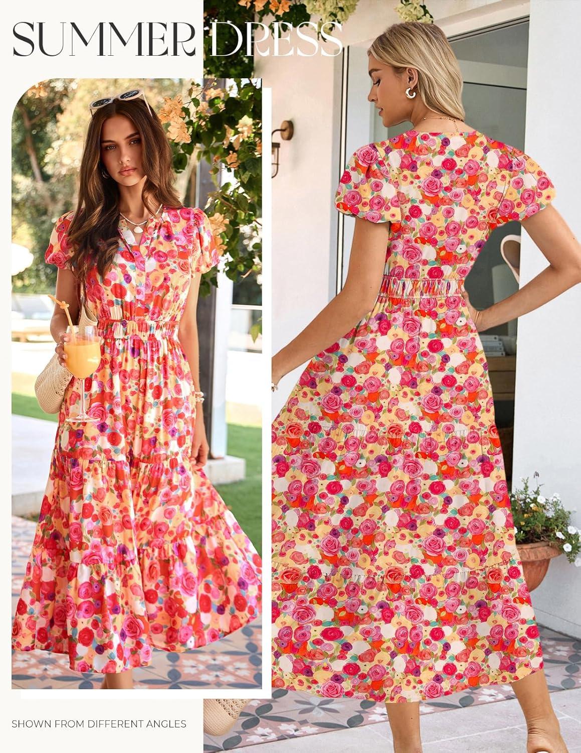 imageGRACE KARIN Womens Summer Maxi Dresses 2026 Floral Puff Short Sleeve V Neck Dresses Casual Wedding Guest Clothes with PocketsPink Yellow Rose