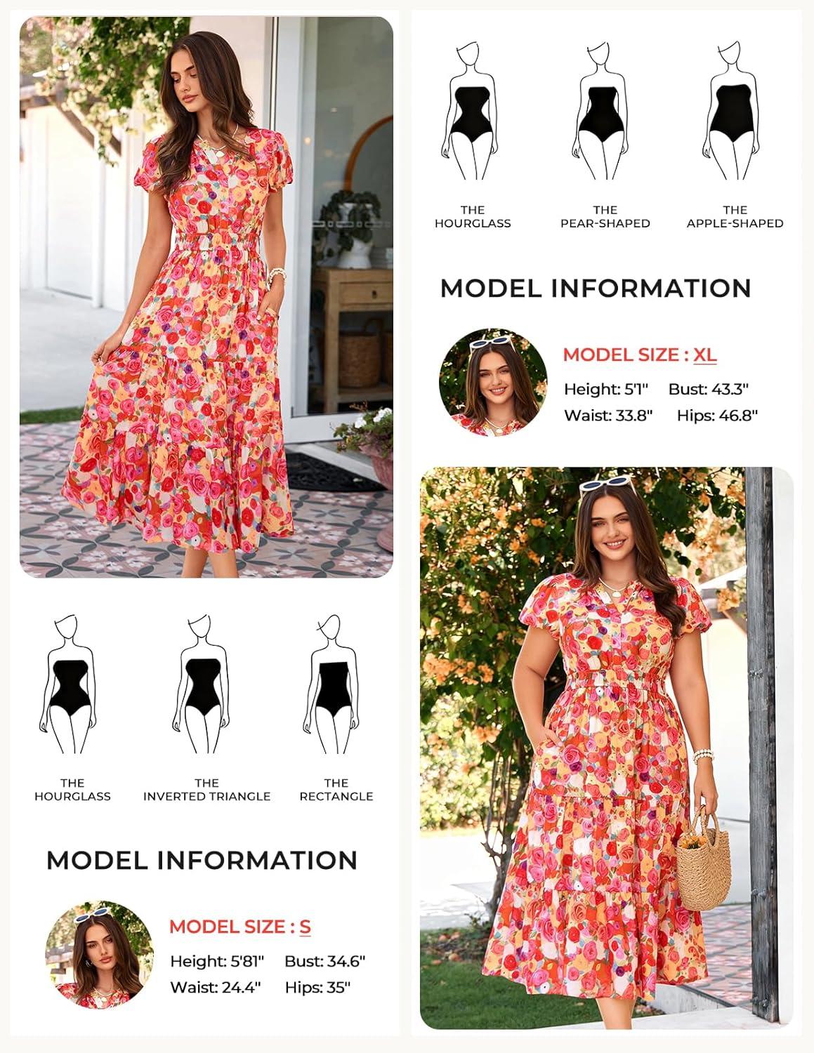 imageGRACE KARIN Womens Summer Maxi Dresses 2026 Floral Puff Short Sleeve V Neck Dresses Casual Wedding Guest Clothes with PocketsPink Yellow Rose
