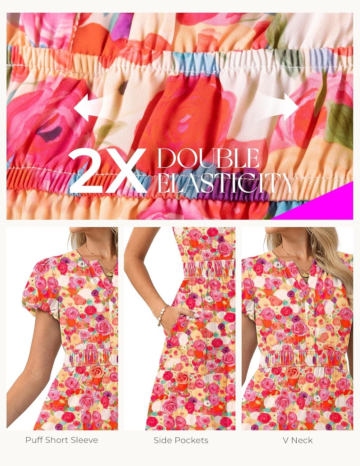imageGRACE KARIN Womens Summer Maxi Dresses 2026 Floral Puff Short Sleeve V Neck Dresses Casual Wedding Guest Clothes with PocketsPink Yellow Rose