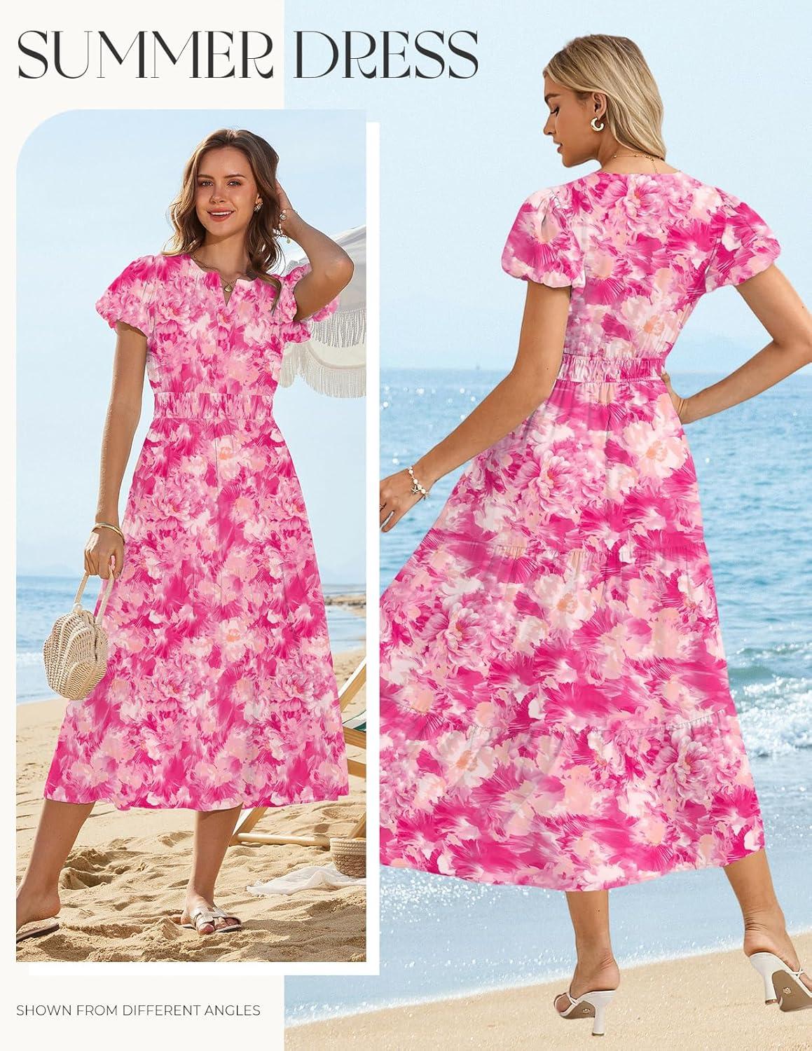 imageGRACE KARIN Womens Summer Maxi Dresses 2026 Floral Puff Short Sleeve V Neck Dresses Casual Wedding Guest Clothes with PocketsRose Red