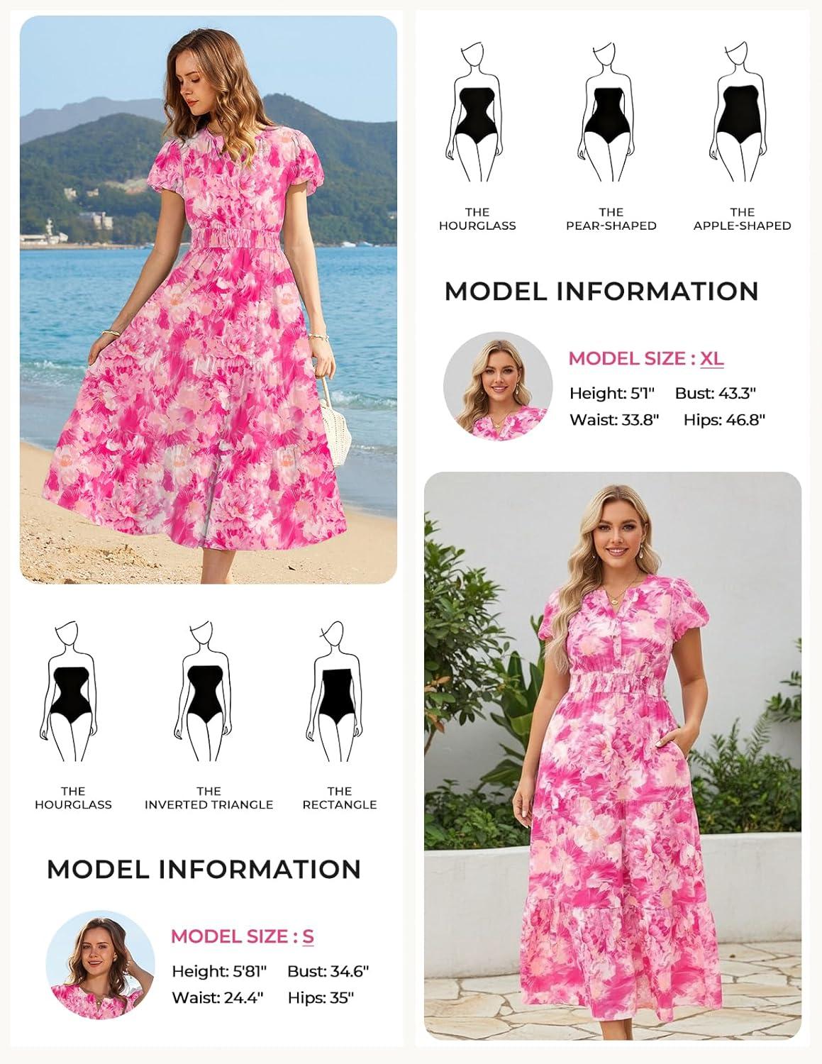 imageGRACE KARIN Womens Summer Maxi Dresses 2026 Floral Puff Short Sleeve V Neck Dresses Casual Wedding Guest Clothes with PocketsRose Red