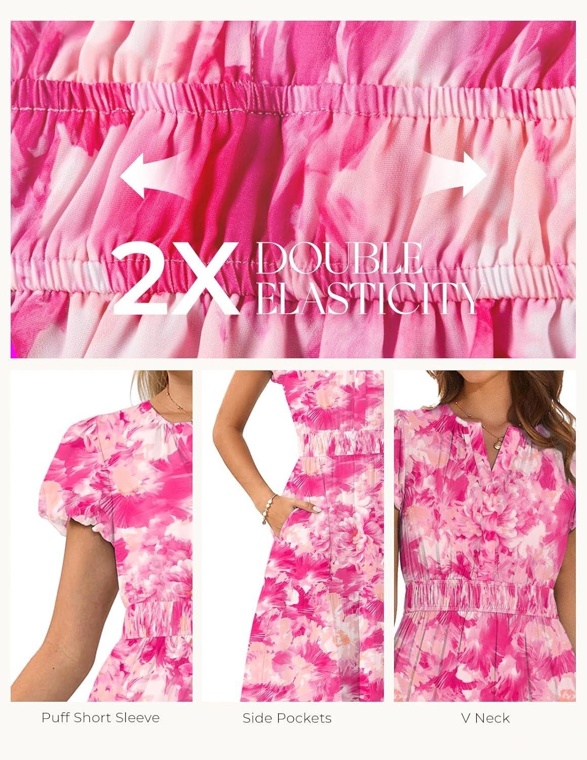 imageGRACE KARIN Womens Summer Maxi Dresses 2026 Floral Puff Short Sleeve V Neck Dresses Casual Wedding Guest Clothes with PocketsRose Red