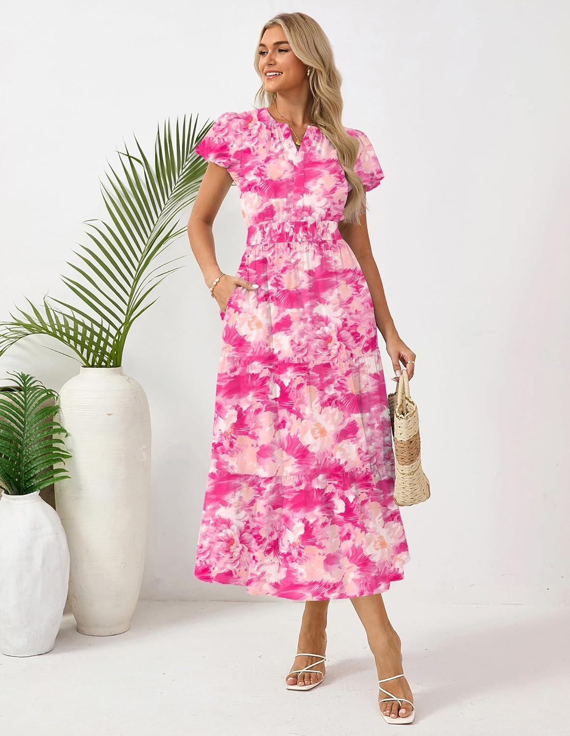 imageGRACE KARIN Womens Summer Maxi Dresses 2026 Floral Puff Short Sleeve V Neck Dresses Casual Wedding Guest Clothes with PocketsRose Red
