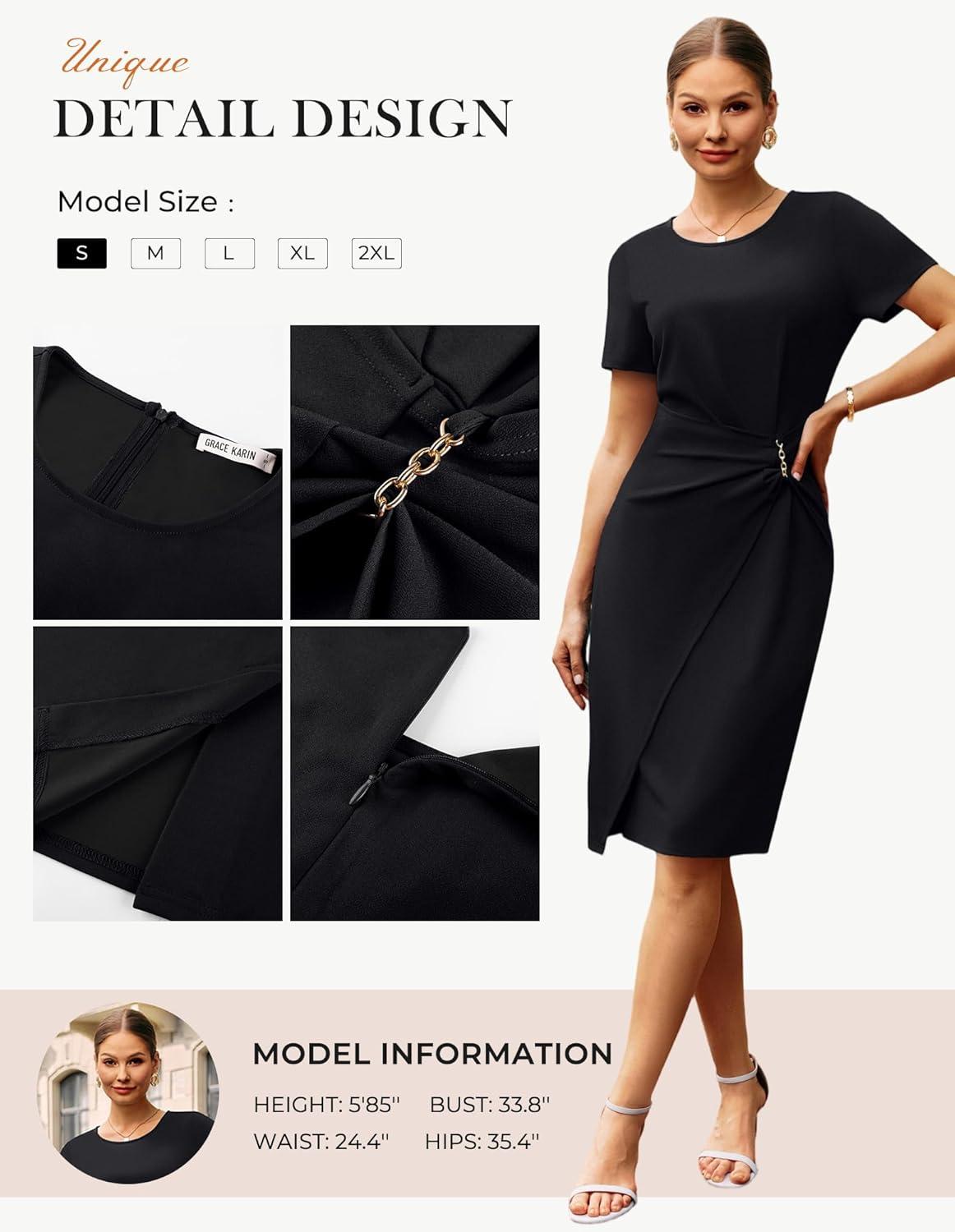 imageGRACE KARIN Work Dresses for Women 2026 Short Sleeve Business Midi Dress Ruched Bodycon Sheath Formal Office OutfitsBlack
