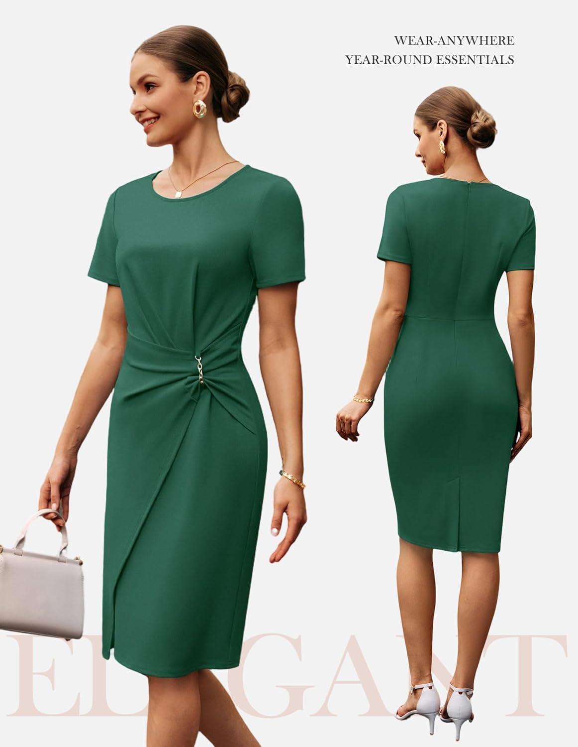 imageGRACE KARIN Work Dresses for Women 2026 Short Sleeve Business Midi Dress Ruched Bodycon Sheath Formal Office OutfitsDark Green