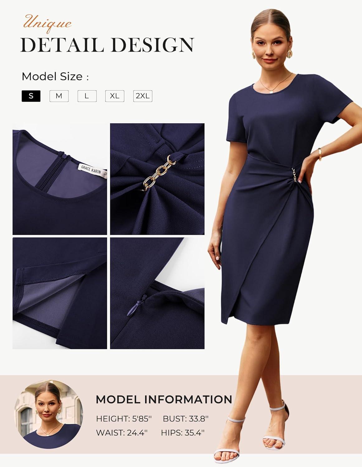 imageGRACE KARIN Work Dresses for Women 2026 Short Sleeve Business Midi Dress Ruched Bodycon Sheath Formal Office OutfitsNavy Blue