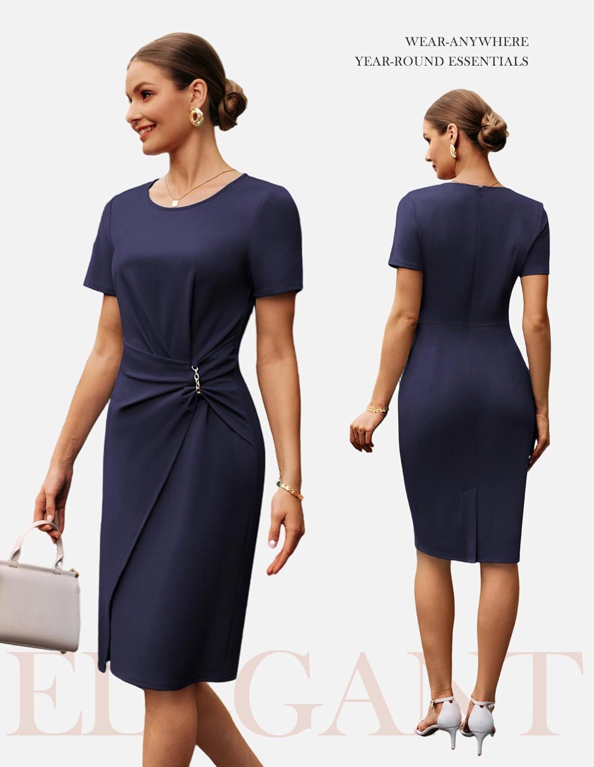imageGRACE KARIN Work Dresses for Women 2026 Short Sleeve Business Midi Dress Ruched Bodycon Sheath Formal Office OutfitsNavy Blue