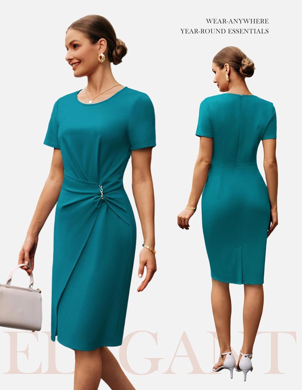 imageGRACE KARIN Work Dresses for Women 2026 Short Sleeve Business Midi Dress Ruched Bodycon Sheath Formal Office OutfitsPeacock Blue