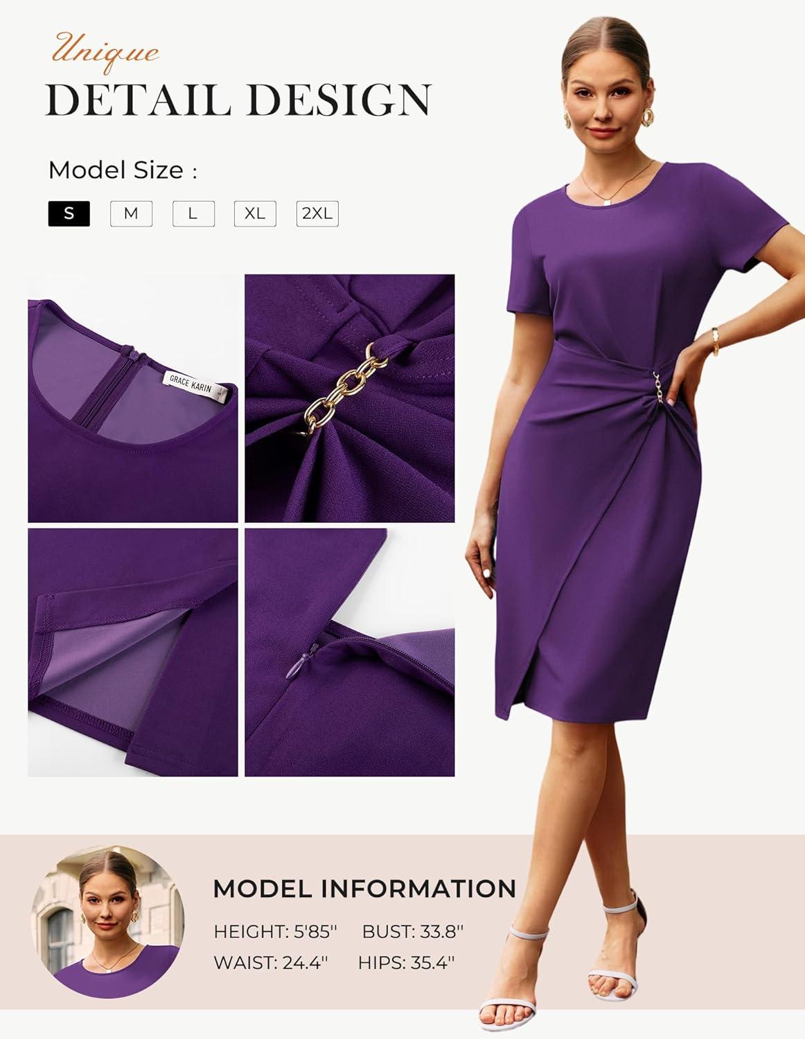 imageGRACE KARIN Work Dresses for Women 2026 Short Sleeve Business Midi Dress Ruched Bodycon Sheath Formal Office OutfitsPurple