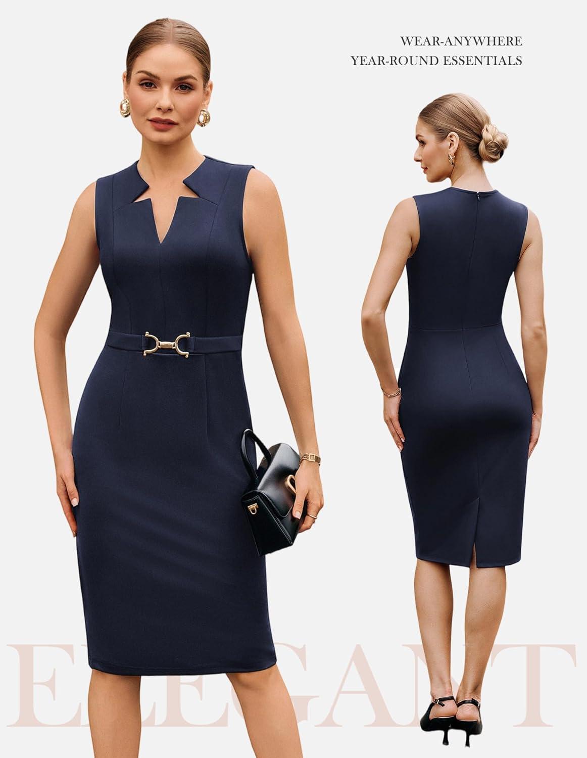 imageGRACE KARIN Work Dresses for Women 2026V Neck Business Office Bodyon DressSleeveless Pencil Semi Formal Midi DressNavy Blue