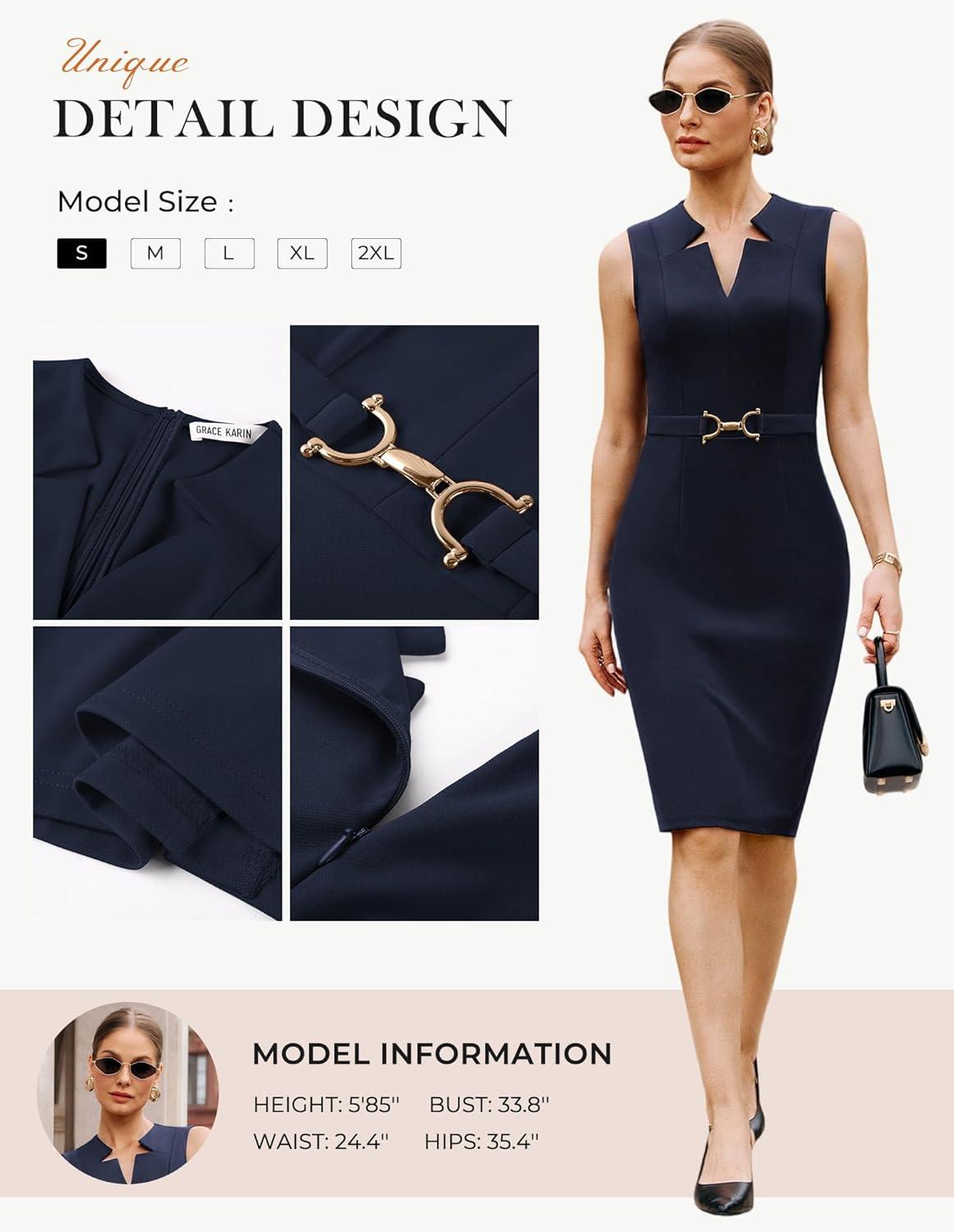 imageGRACE KARIN Work Dresses for Women 2026V Neck Business Office Bodyon DressSleeveless Pencil Semi Formal Midi DressNavy Blue