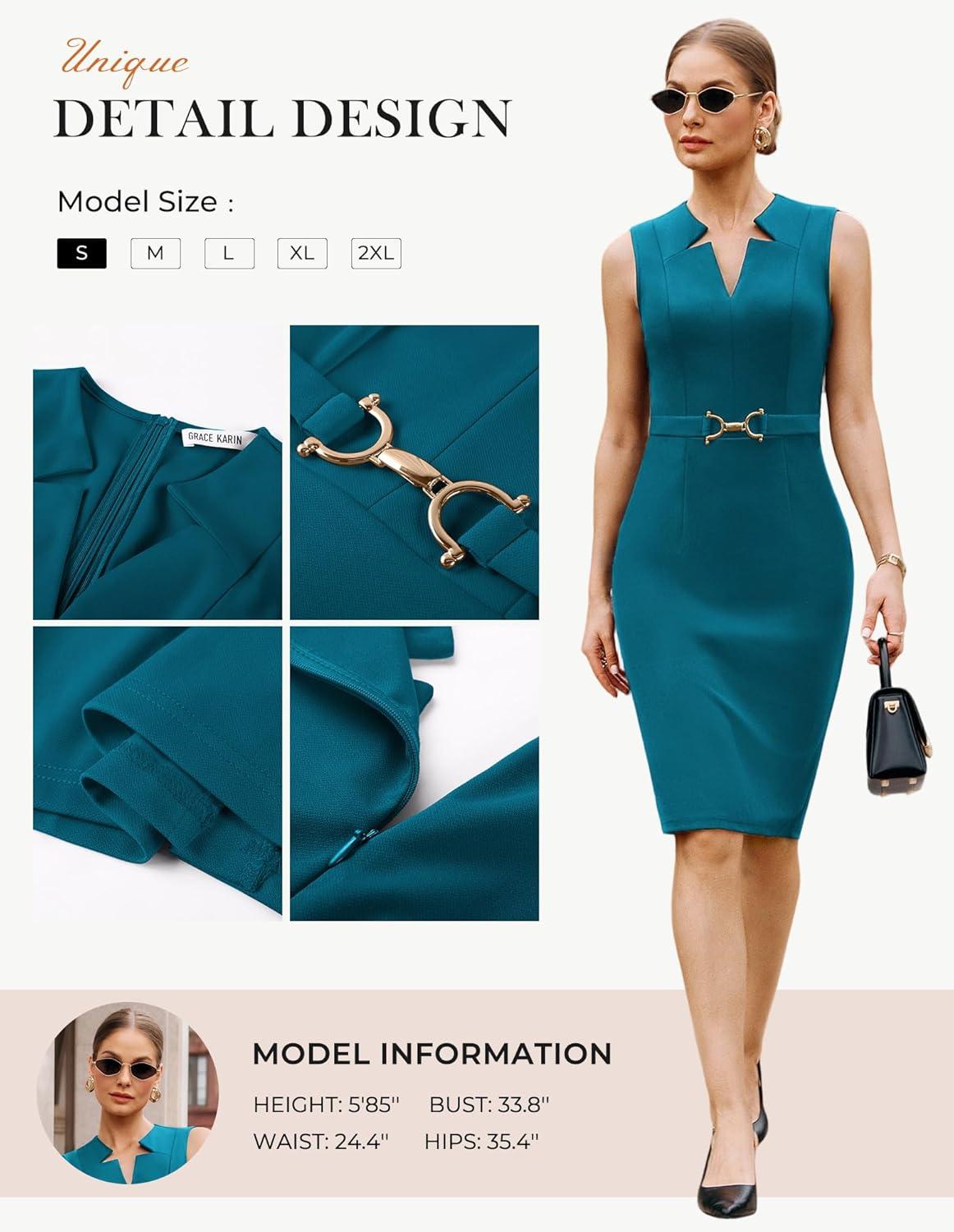 imageGRACE KARIN Work Dresses for Women 2026V Neck Business Office Bodyon DressSleeveless Pencil Semi Formal Midi DressPeacock Blue