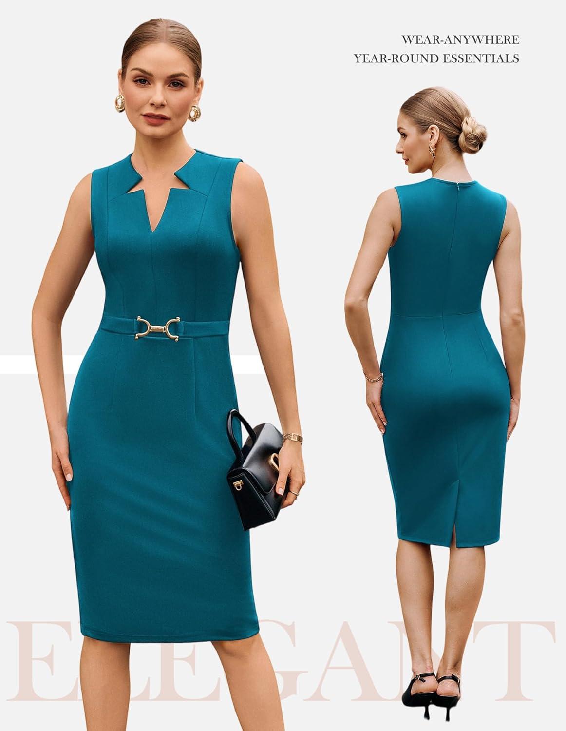 imageGRACE KARIN Work Dresses for Women 2026V Neck Business Office Bodyon DressSleeveless Pencil Semi Formal Midi DressPeacock Blue