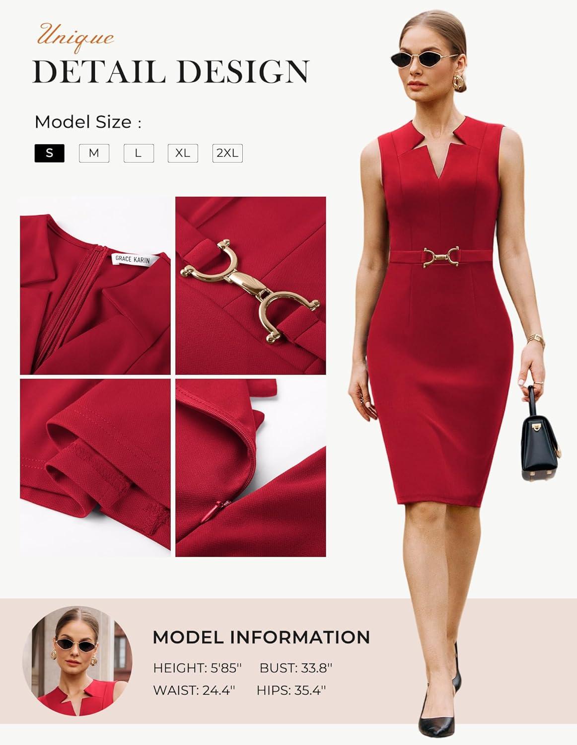 imageGRACE KARIN Work Dresses for Women 2026V Neck Business Office Bodyon DressSleeveless Pencil Semi Formal Midi DressRed