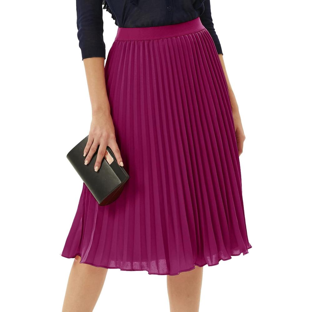 imageGRACE KARIN Women High Elastic Waist Pleated Chiffon Skirt Midi Swing Aline SkirtsDark Purple