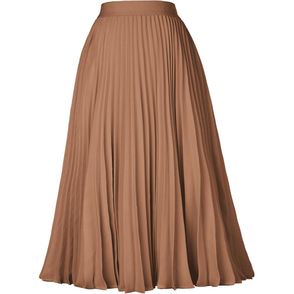 imageGRACE KARIN Women High Elastic Waist Pleated Chiffon Skirt Midi Swing Aline SkirtsDeep Khaki