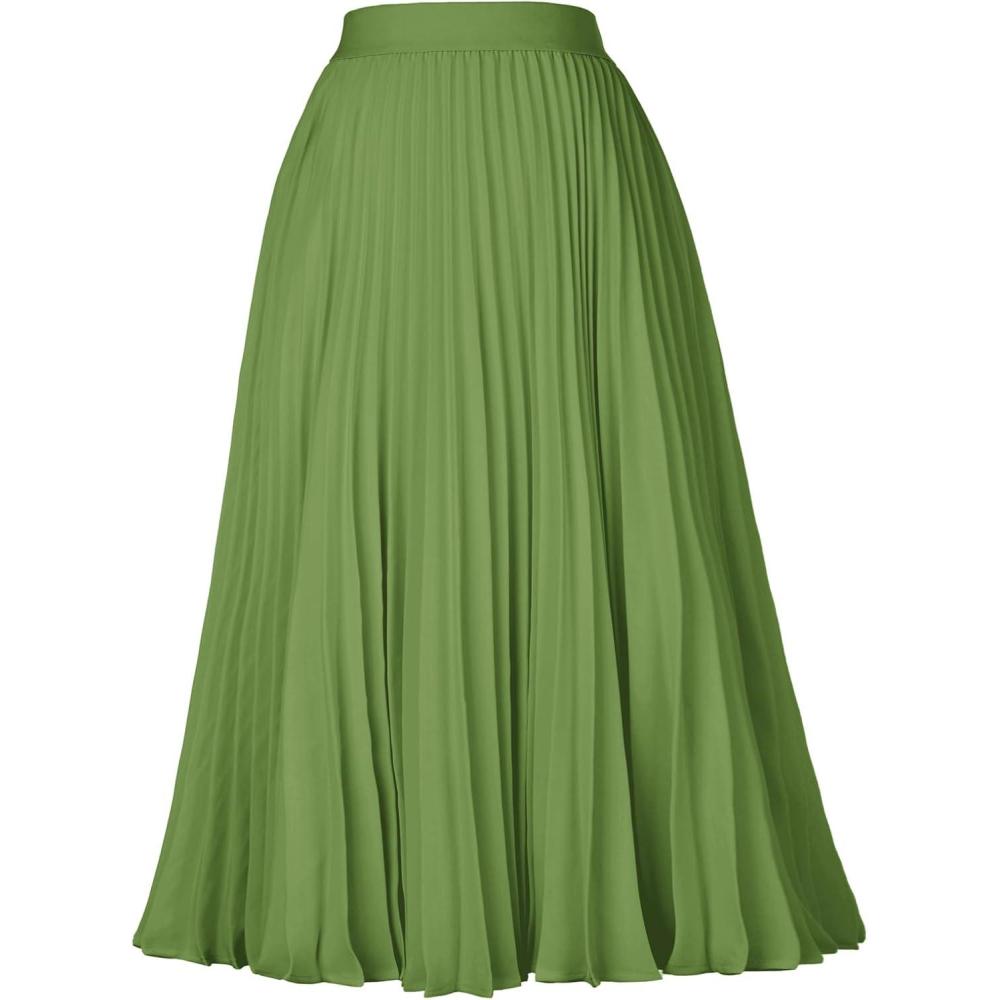 imageGRACE KARIN Women High Elastic Waist Pleated Chiffon Skirt Midi Swing Aline SkirtsGrass Green