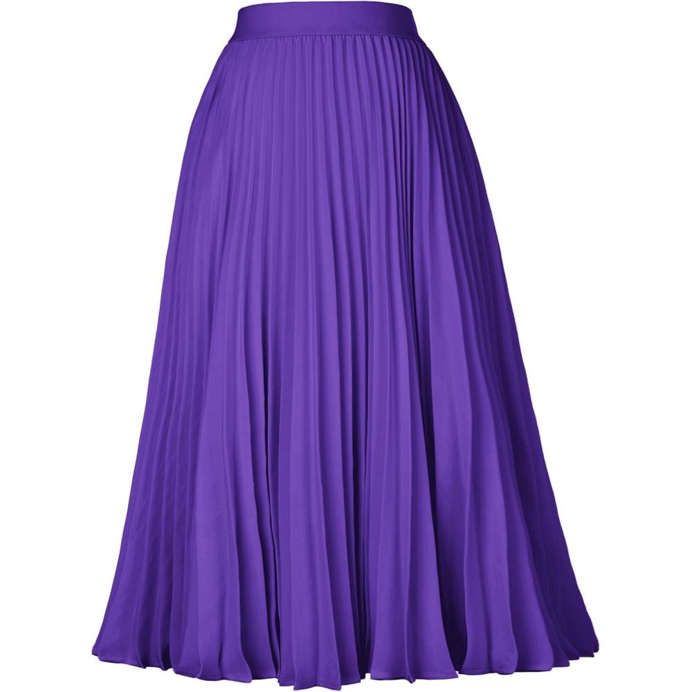 imageGRACE KARIN Women High Elastic Waist Pleated Chiffon Skirt Midi Swing Aline SkirtsPurple