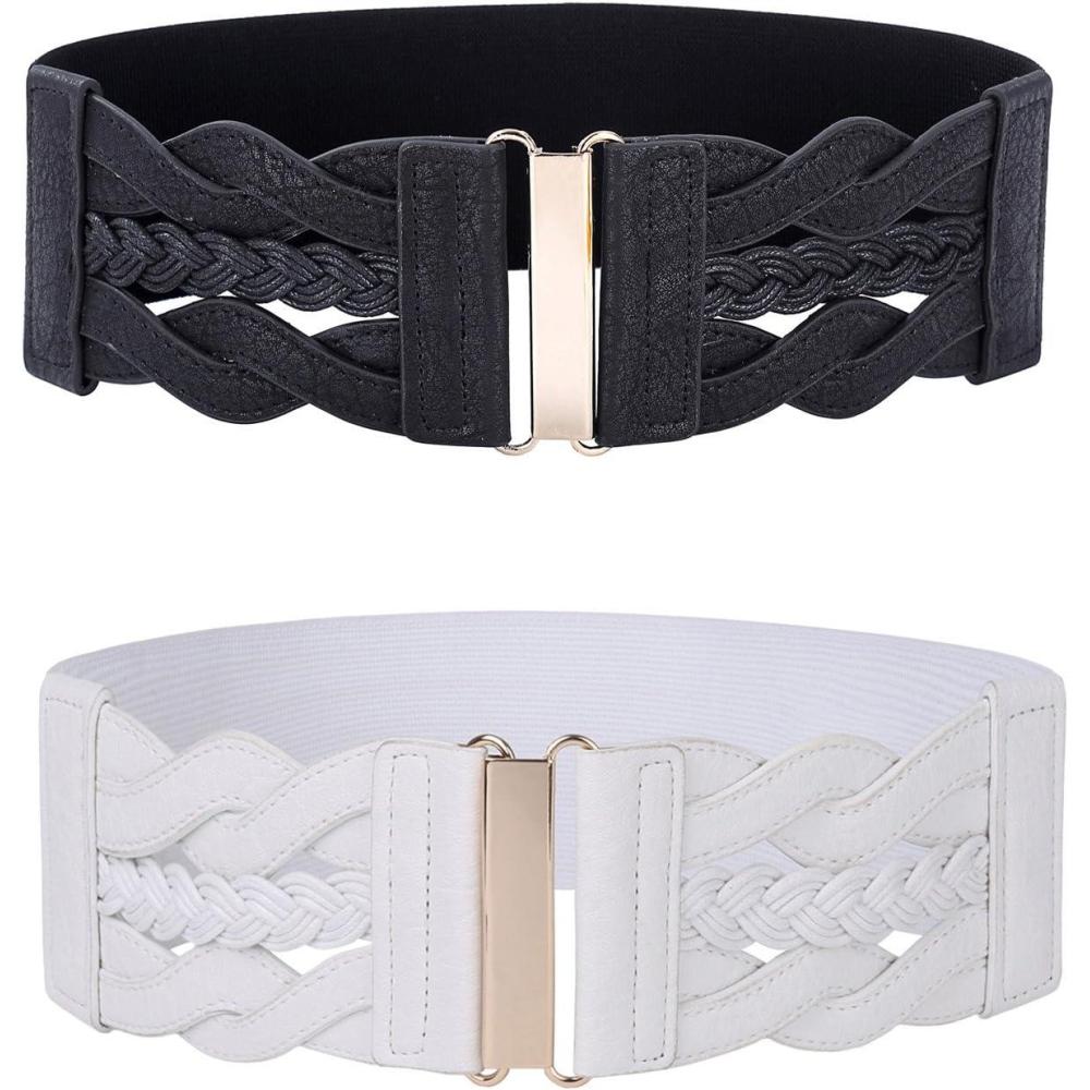 imageGRACE KARIN Womens Elastic Wide Belts Vintage Stretchy Belt Retro Fashion Cinch Belts for DressesBlack White